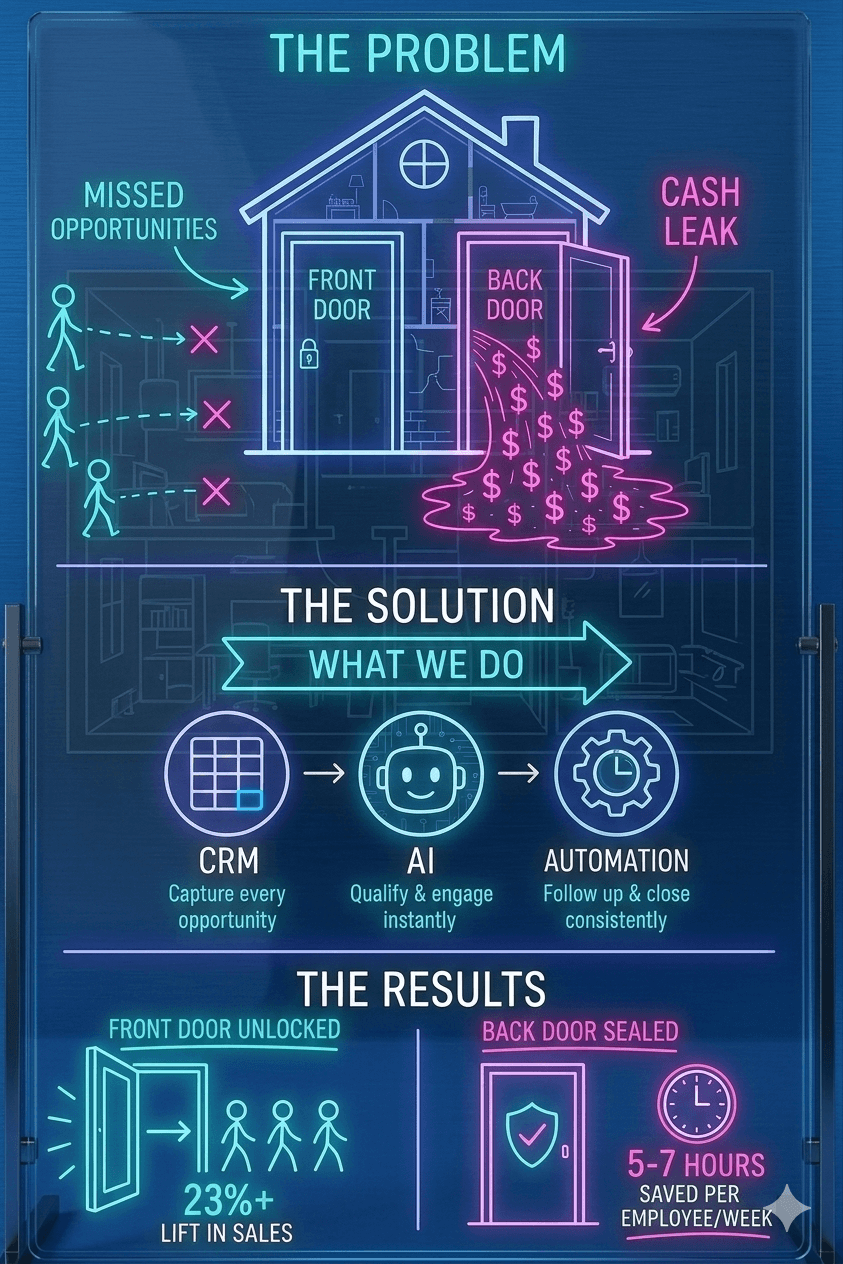 Infographic: The Problem — missed opportunities leak at the front door, cash leaks out the back. The Solution — CRM, AI, and Automation working in sequence. The Results — 23%+ lift in sales, 5–7 hours saved per employee per week.